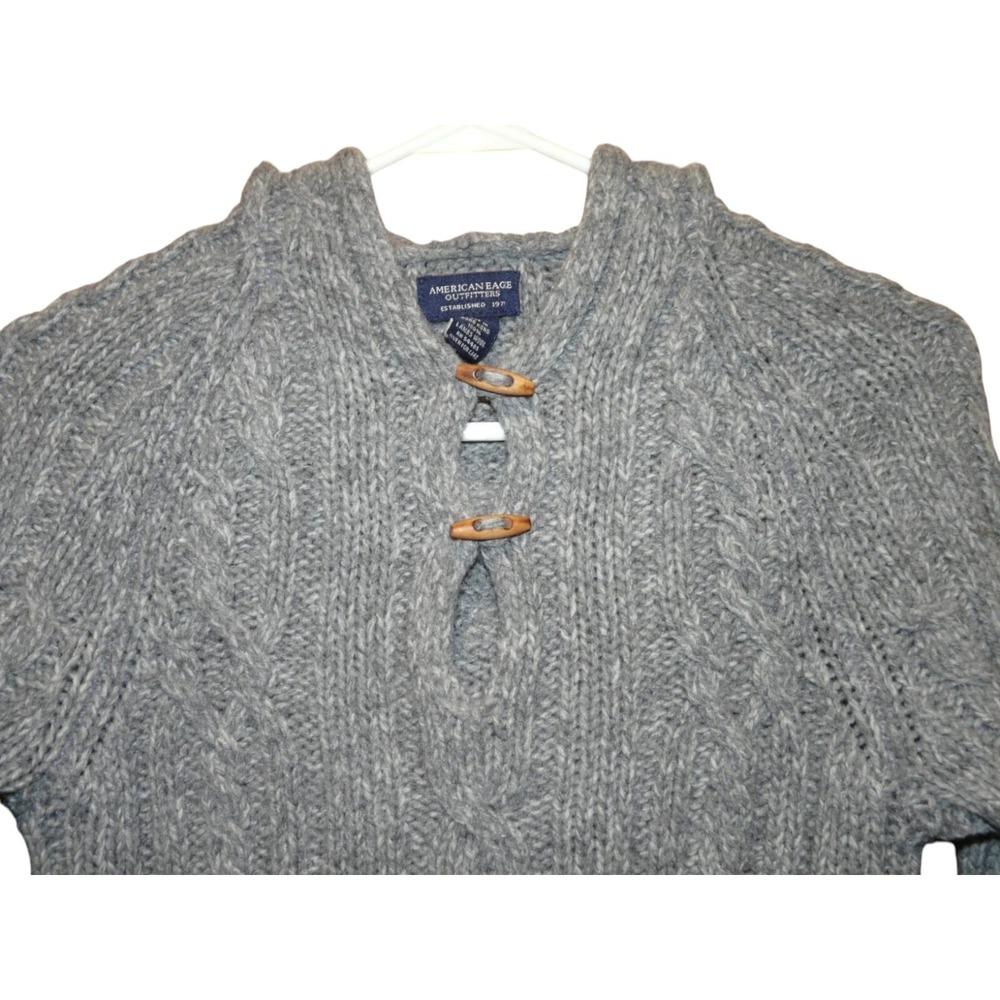 American Eagle Womens Sweater Gray Cable Knit Lambswool‎ Hood Bell Sleeve MEDIUM